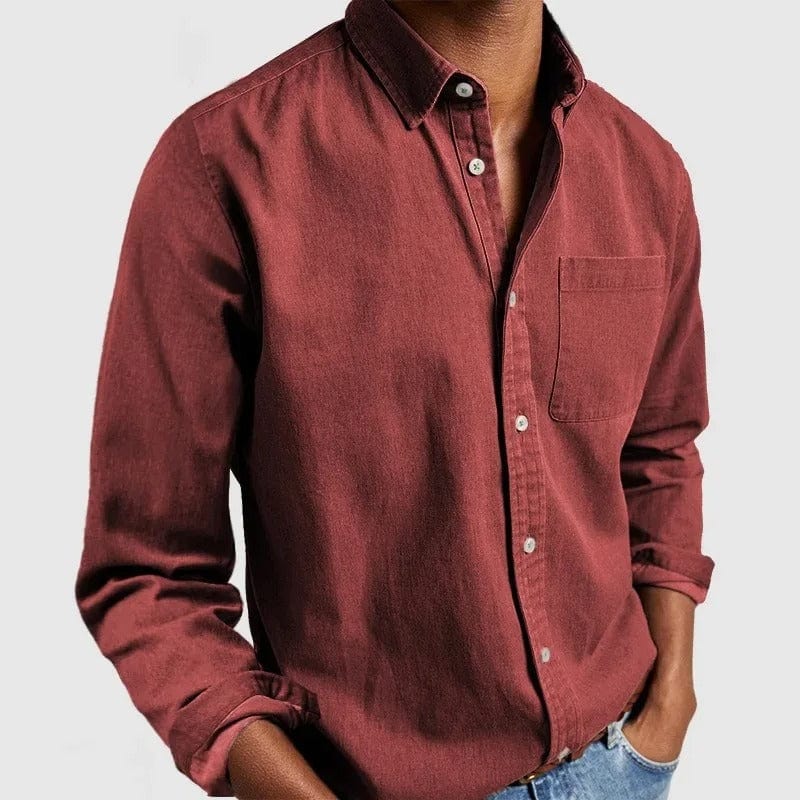 Red casual shirt with point collar and chest pocket, worn untucked