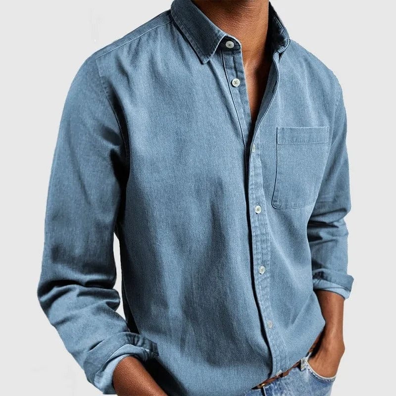 Sky blue casual shirt with point collar and chest pocket, worn untucked