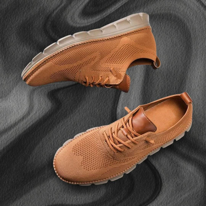 Pair of caramel knit trainers with matching laces shown from above and the side