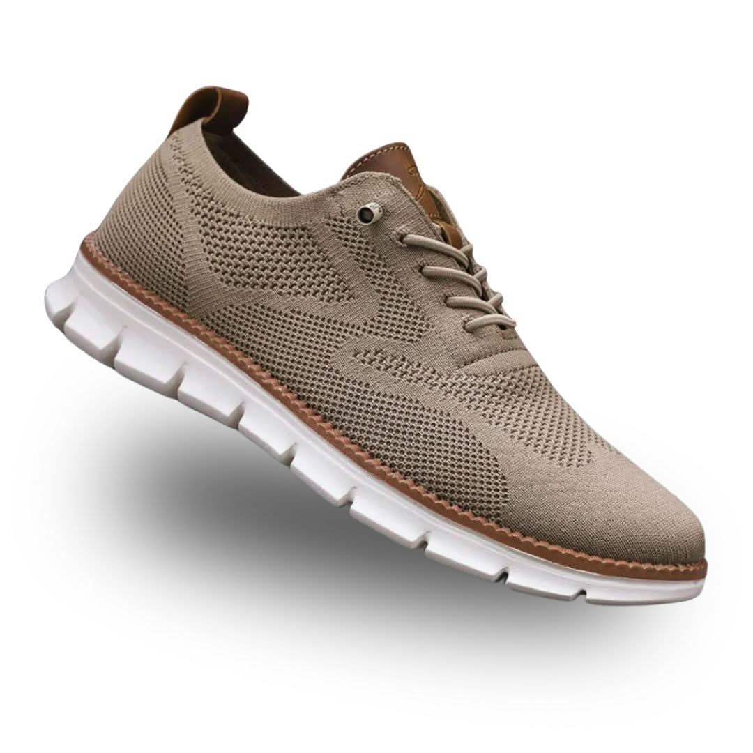Taupe knit lace-up trainer with brown heel tab and white sole, three-quarter view