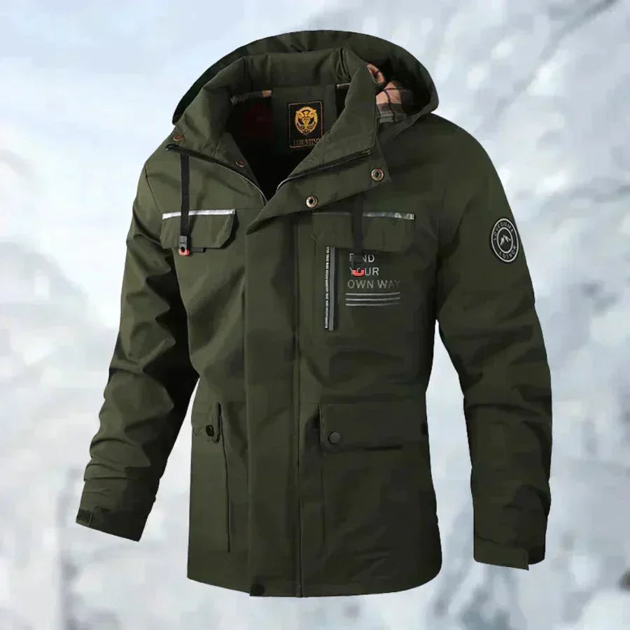 Men's hooded jacket in black, utility zip front winter jacket