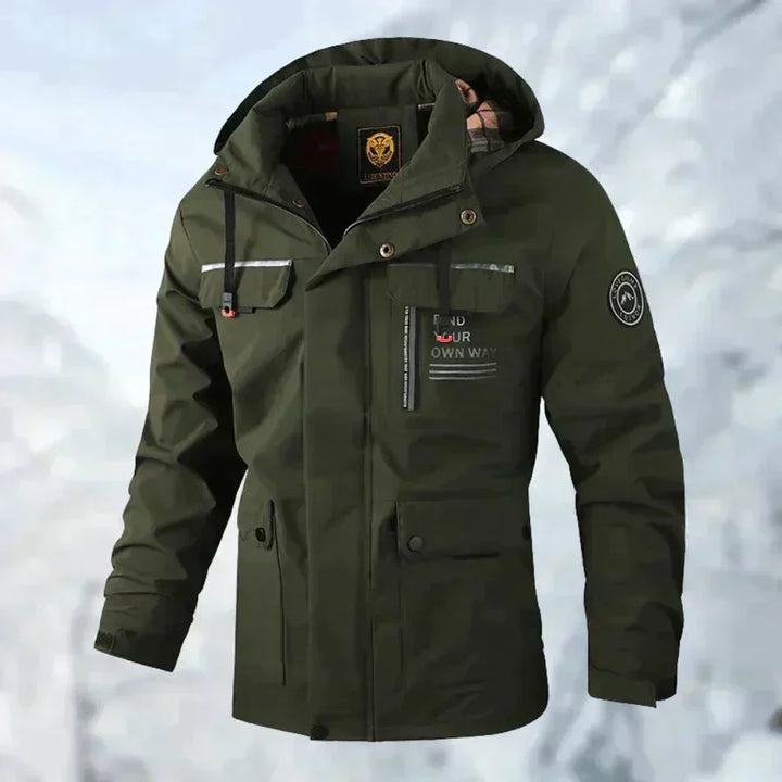Men's hooded jacket in black, utility zip front winter jacket