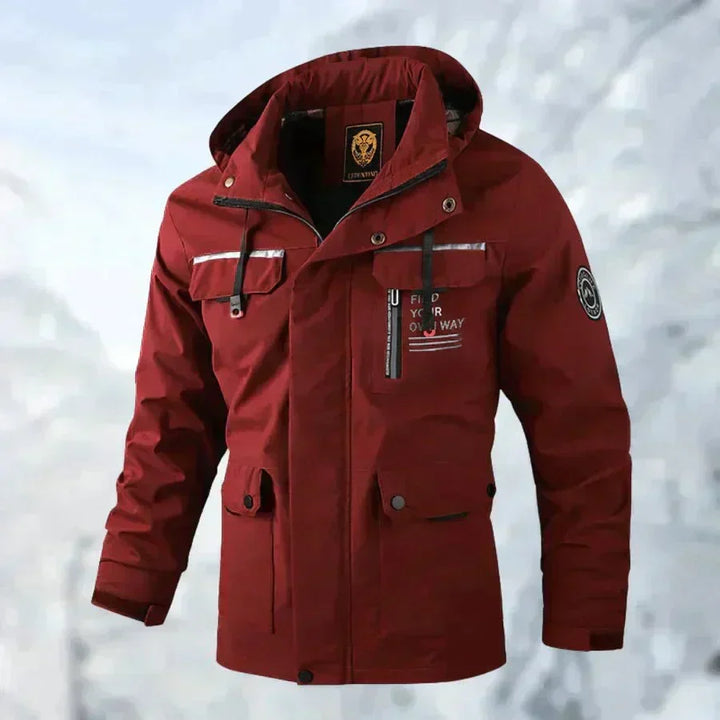 Men's hooded jacket in red, utility zip front winter jacket