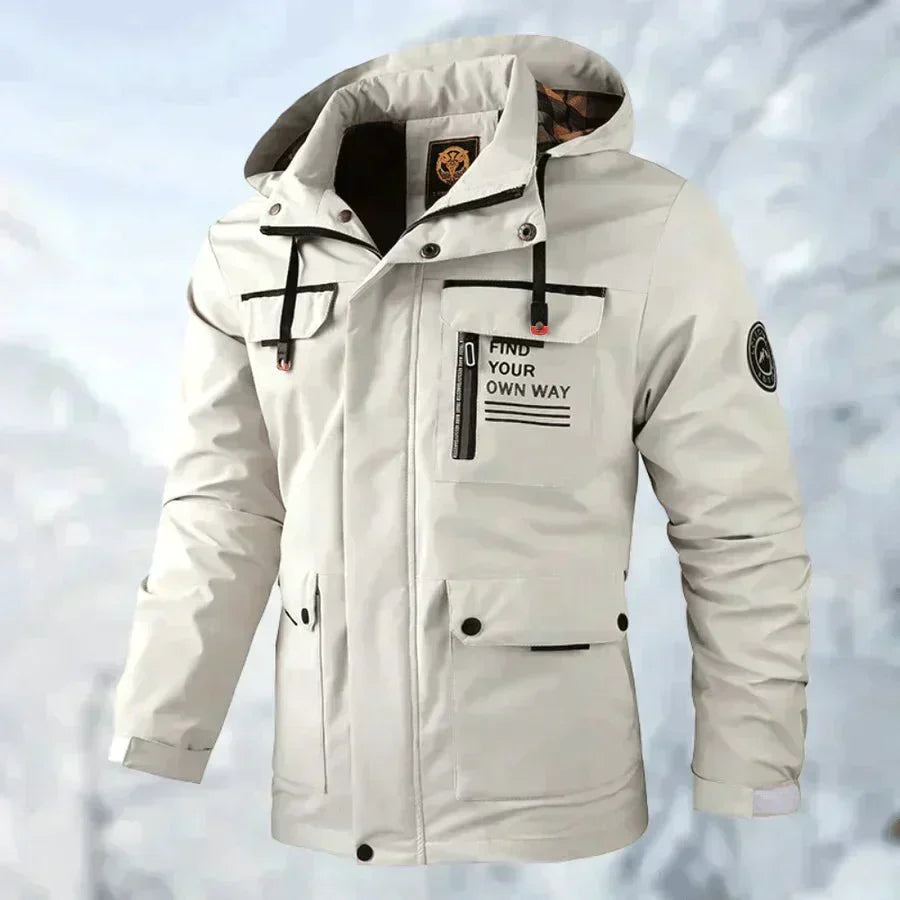 Men's hooded jacket in white, utility zip front winter jacket