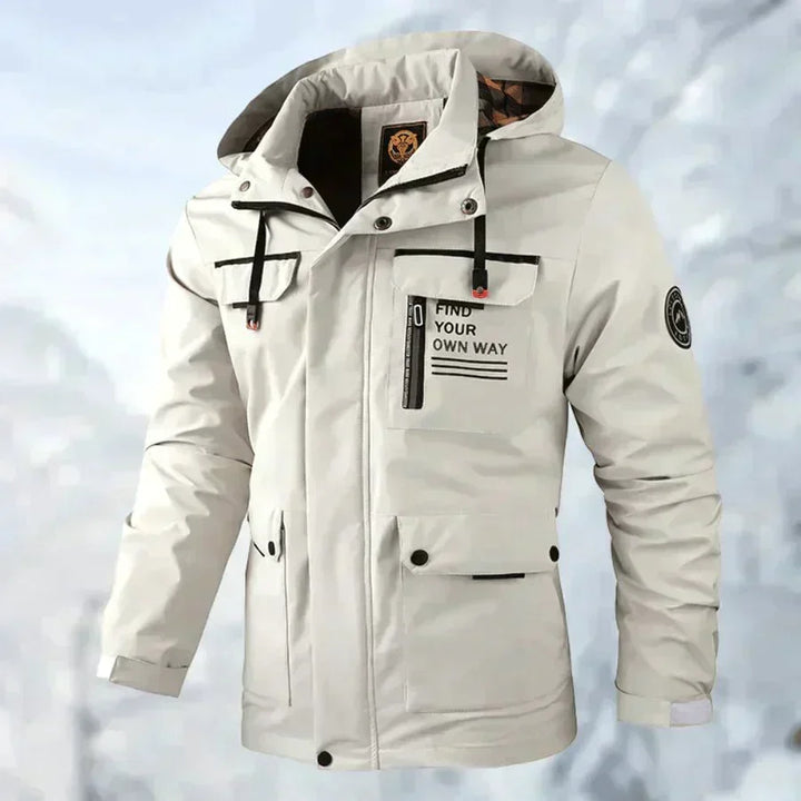 Men's hooded jacket in white, utility zip front winter jacket