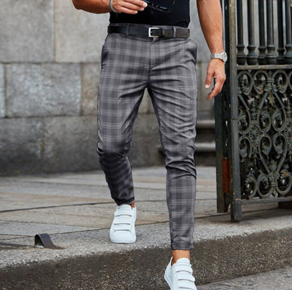 Men's check trousers in grey, slim fit tapered plaid