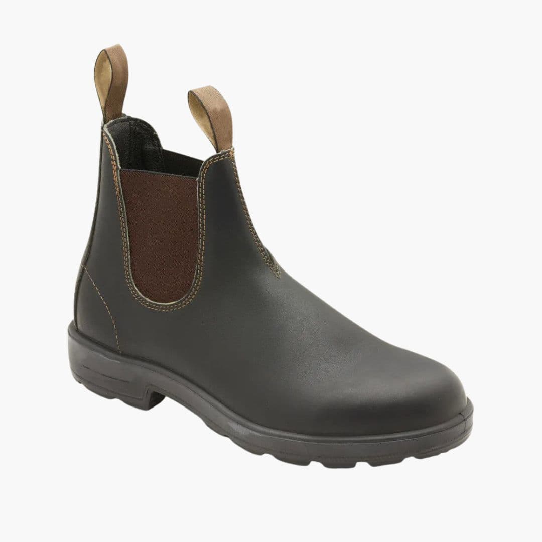 Dark brown Chelsea boot with brown elastic side panel and tan pull tabs