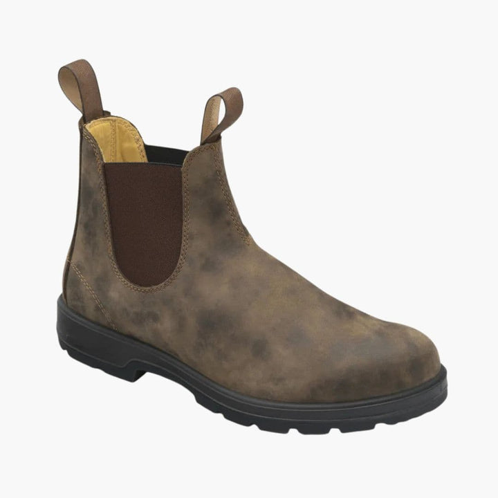 Rustic brown Chelsea boot with a mottled finish and brown elastic panel