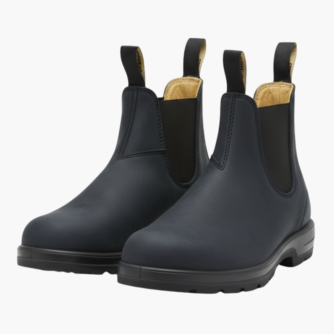 Pair of slate grey Chelsea boots with black elastic panels and front pull tabs