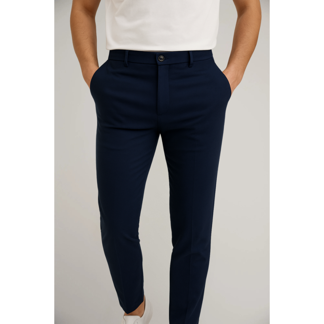 Men's chino trousers in navy, slim fit tapered smart