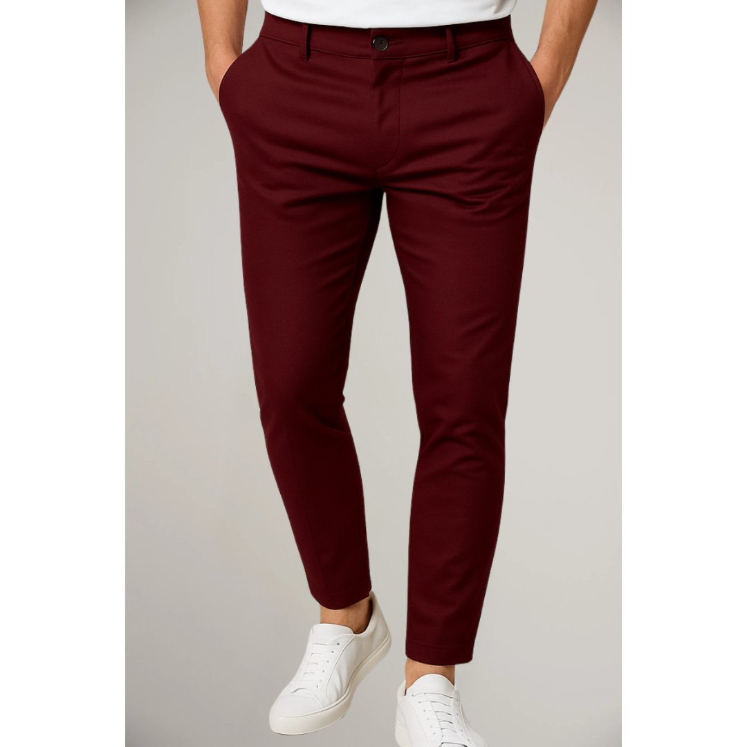 Men's chino trousers in red, slim fit tapered smart