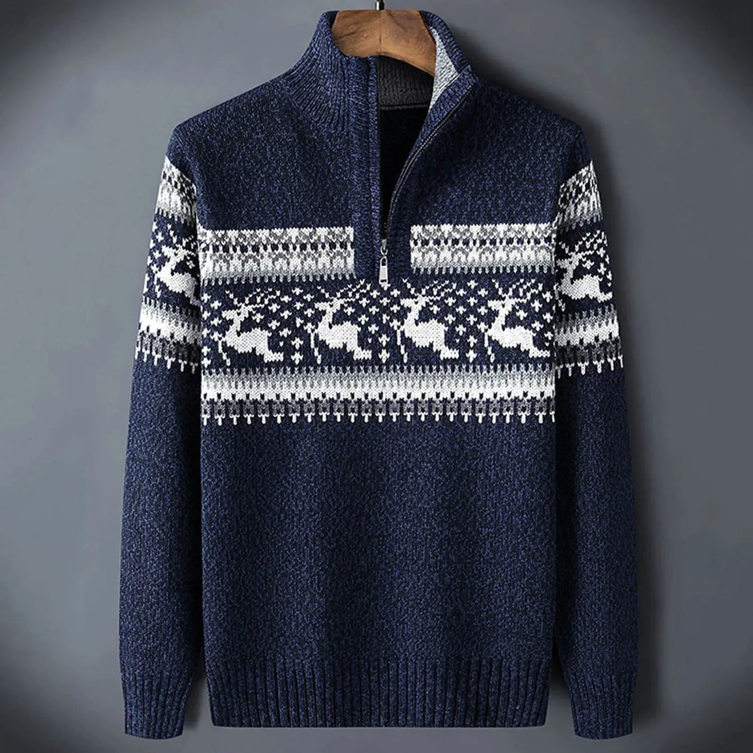 Men's christmas jumper in blue, quarter zip reindeer fair isle