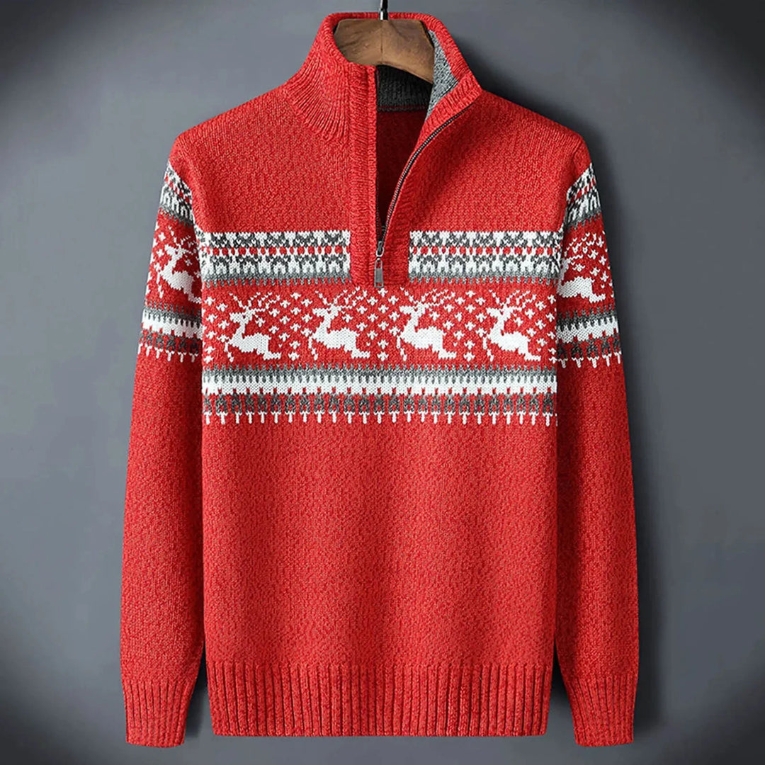 Men's christmas jumper in red, quarter zip reindeer fair isle
