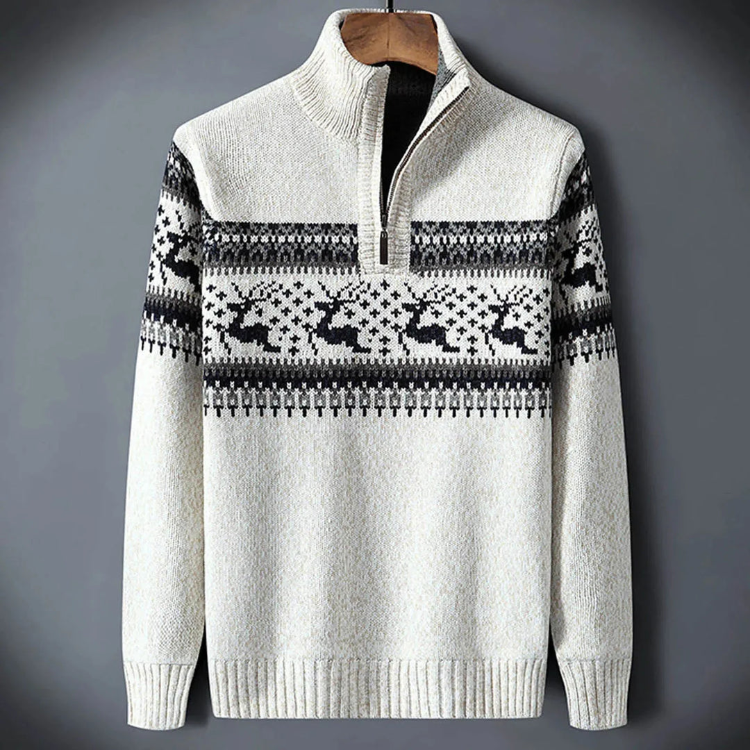 Men's christmas jumper in white, quarter zip reindeer fair isle