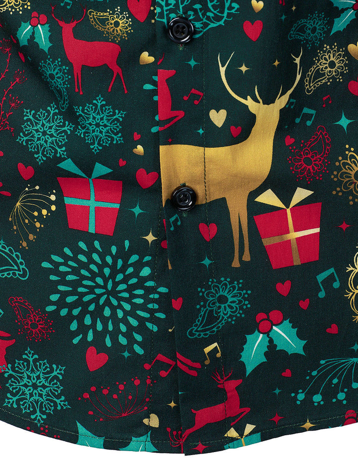 Close-up of the shirt front with a reindeer, gifts and a burst pattern