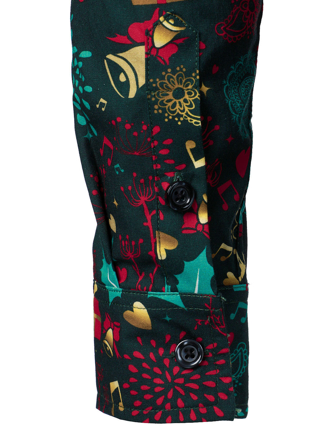 Sleeve and button cuff covered in bells, hearts and a red burst pattern