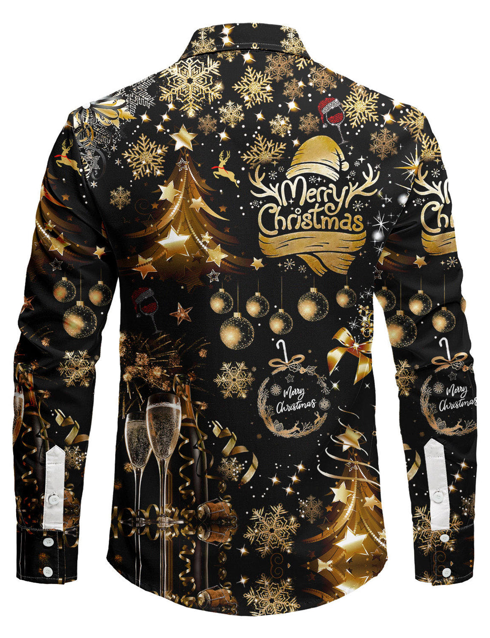 Black long sleeve party shirt with a gold tree and snowflake print, second front view