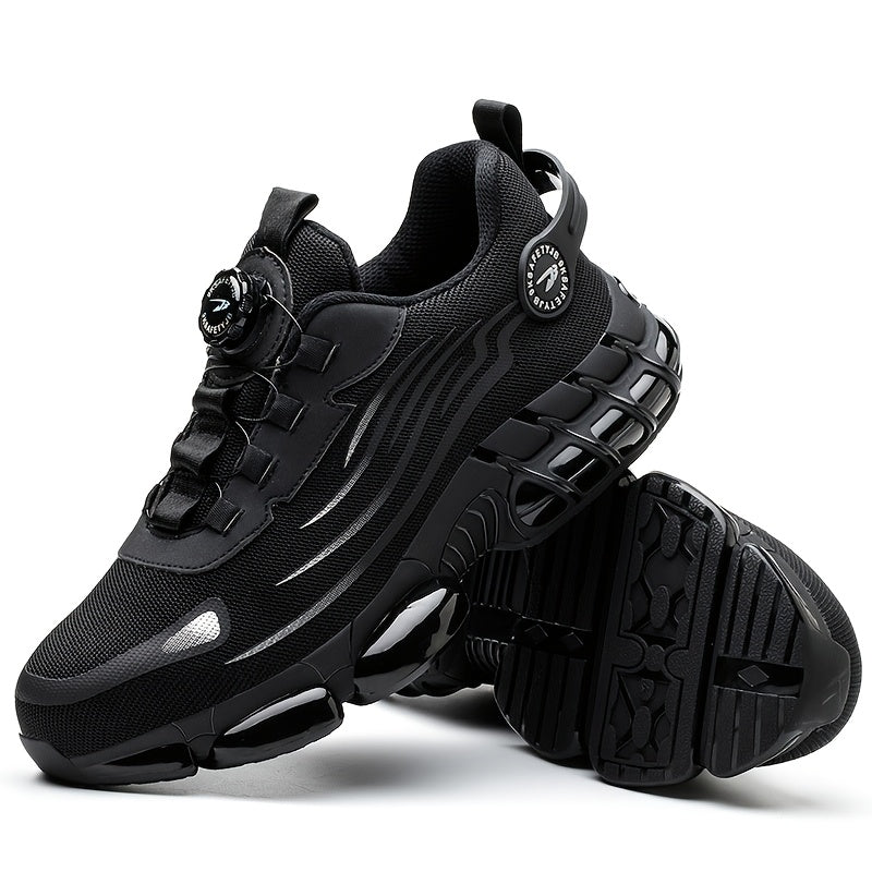Black chunky trainers with a turn dial, one resting on its side to show the tread