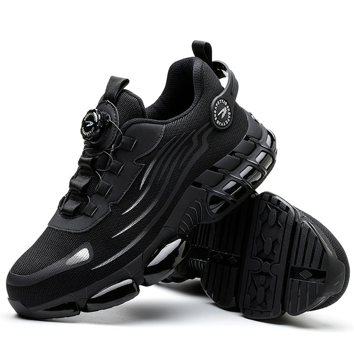Black chunky trainers with a turn dial, one resting on its side to show the tread
