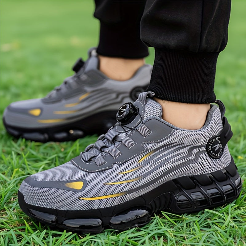 Grey chunky trainer with a turn dial worn on grass