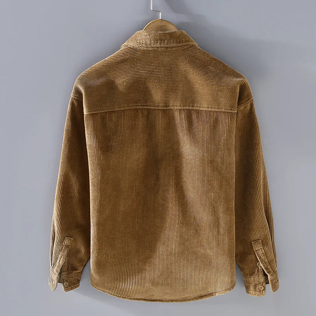Back view of the camel corduroy overshirt with yoke seam