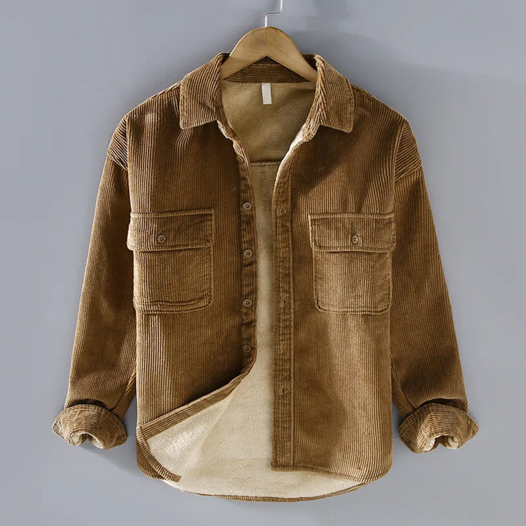 Men's corduroy overshirt in camel, fleece lined shirt jacket with flap pockets