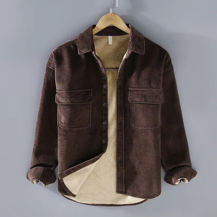 Dark brown cord overshirt with two buttoned chest pockets