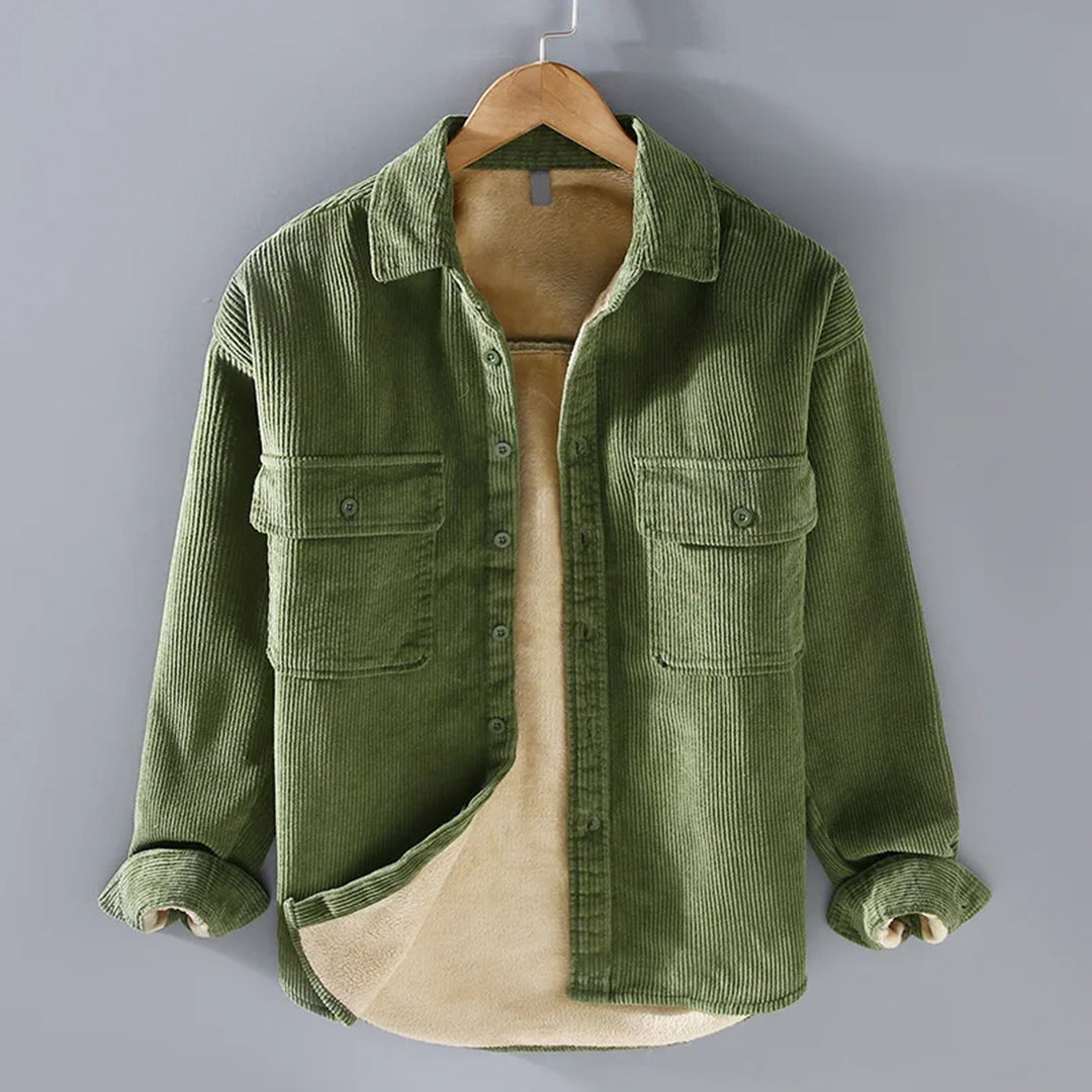 Green corduroy overshirt with point collar and button front
