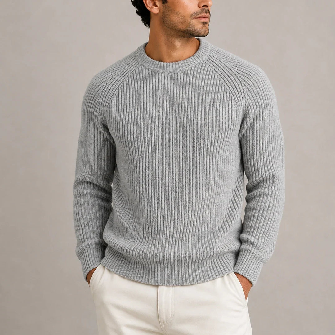 Men's crew neck jumper in grey, ribbed knit raglan knitted
