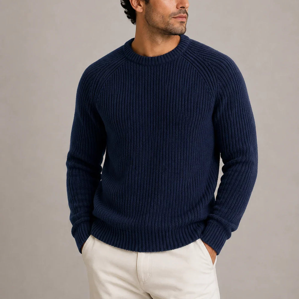 Men's crew neck jumper in navy blue, ribbed knit raglan knitted