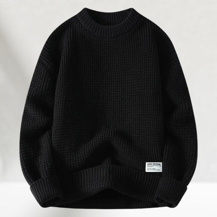 Men's crew neck jumper in black, waffle knit chunky relaxed