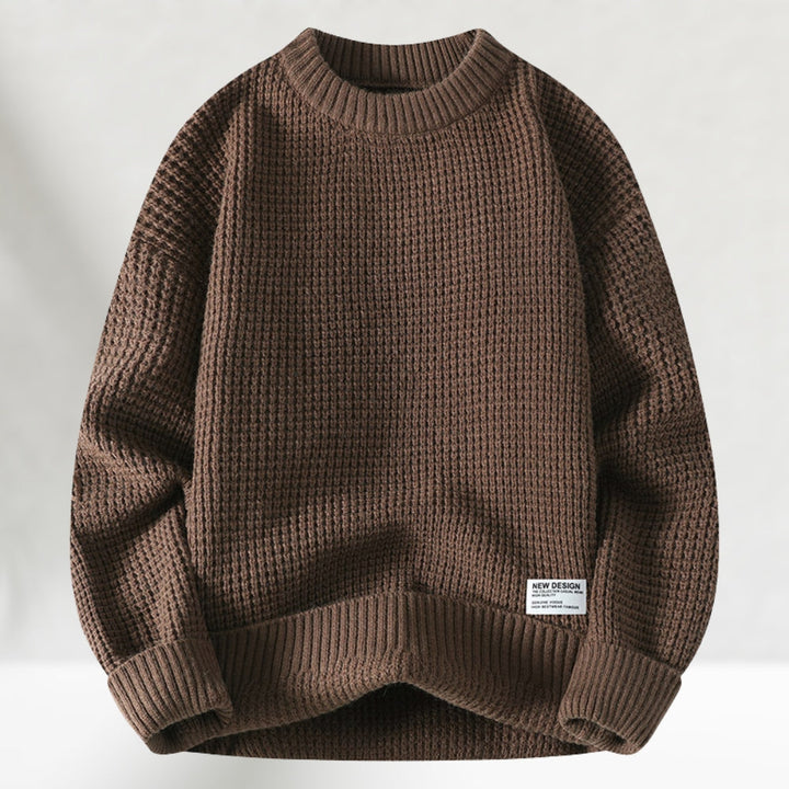 Men's crew neck jumper in coffee, waffle knit chunky relaxed