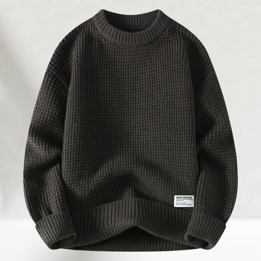 Men's crew neck jumper in dark grey, waffle knit chunky relaxed