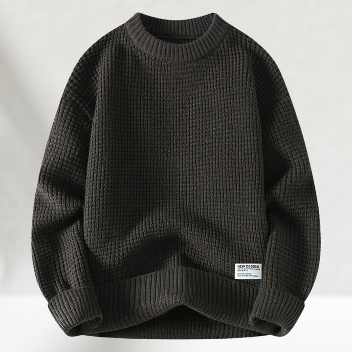 Men's crew neck jumper in dark grey, waffle knit chunky relaxed