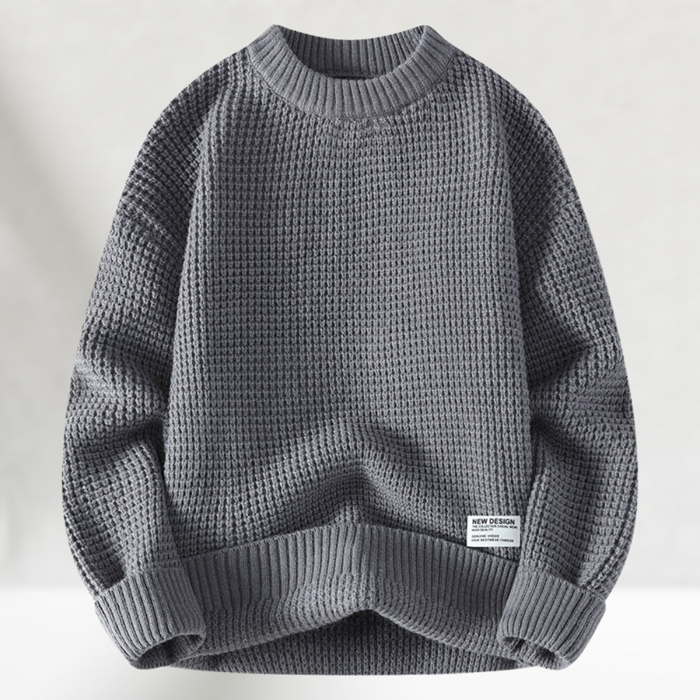 Men's crew neck jumper in light grey, waffle knit chunky relaxed