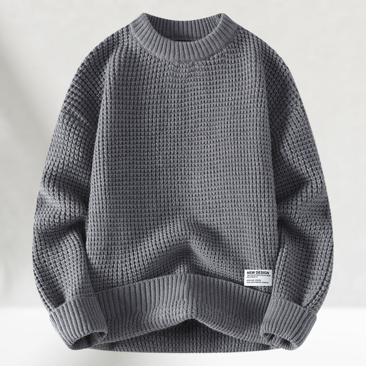 Men's crew neck jumper in light grey, waffle knit chunky relaxed
