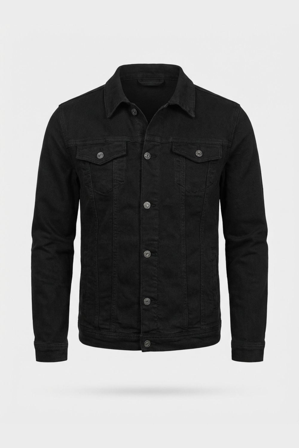 Black denim jacket with pointed collar and button front