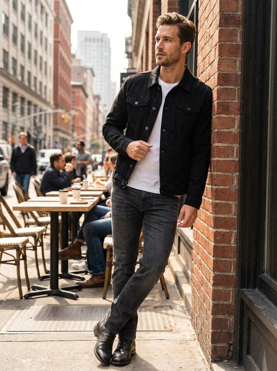 Man wearing the black jacket with grey trousers by a street cafe