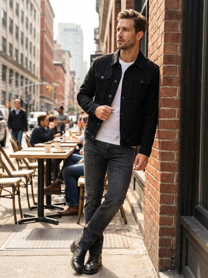 Man wearing the black jacket with grey trousers by a street cafe