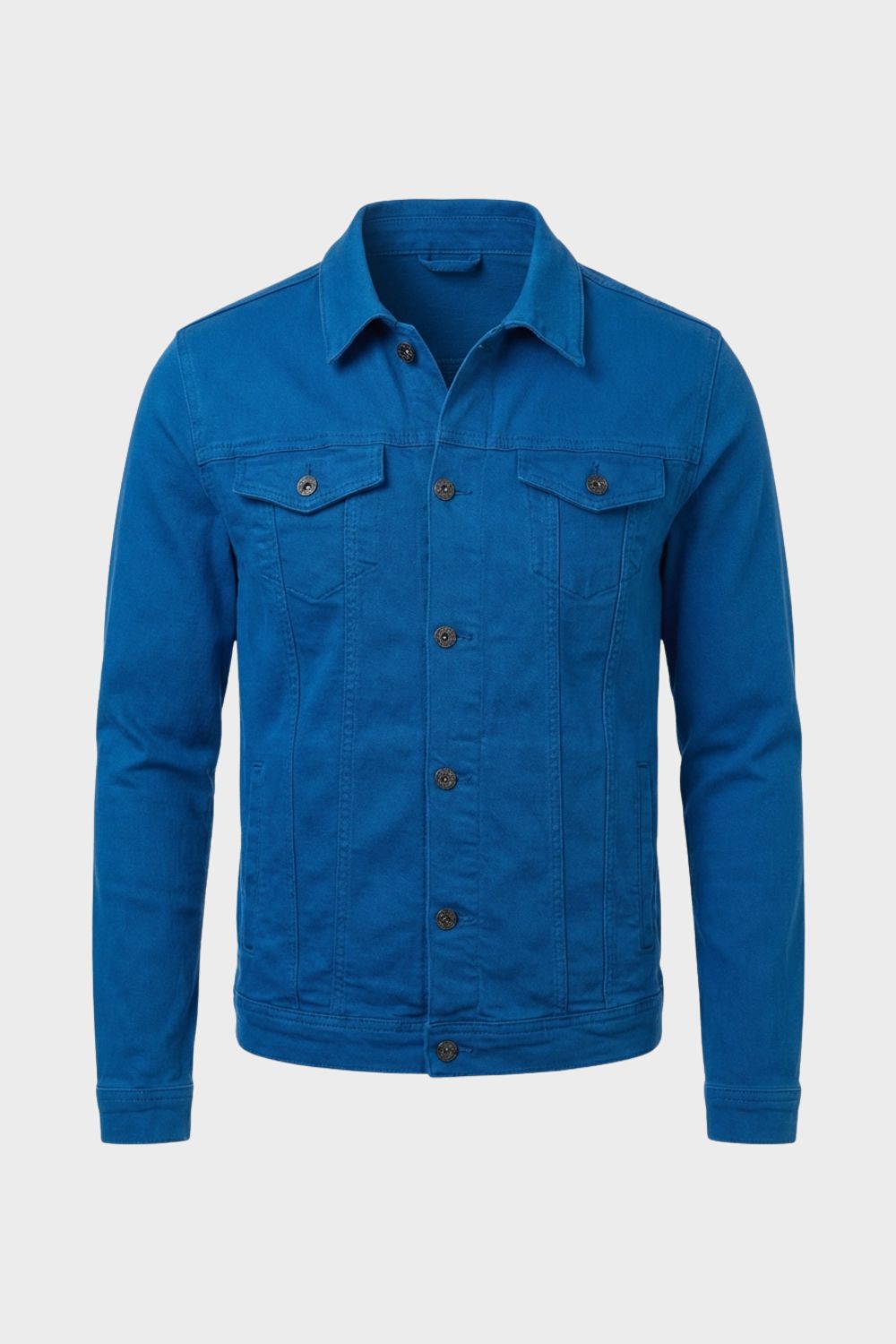 Bright blue denim jacket with seamed front panels