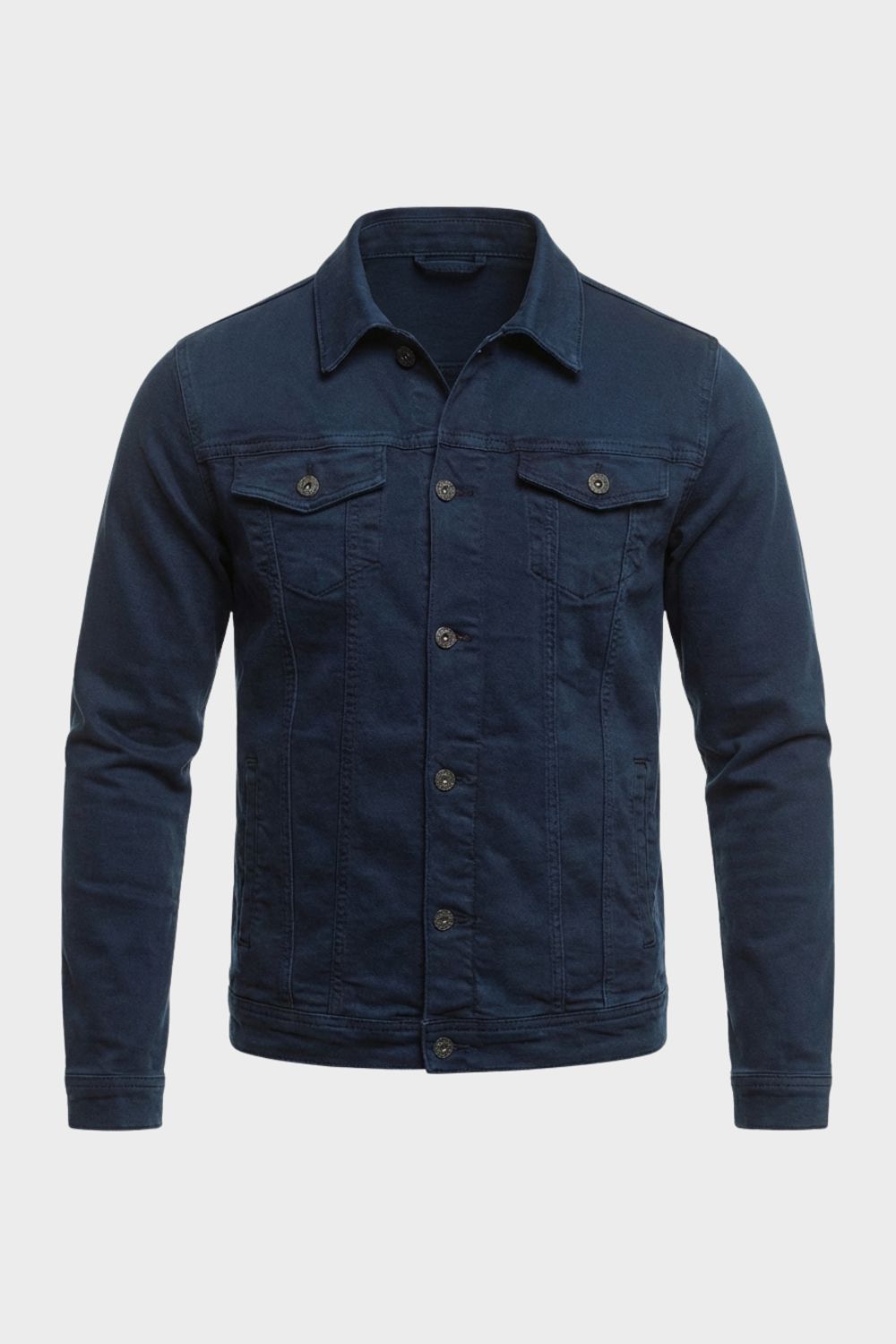 Navy blue denim jacket in the classic trucker shape