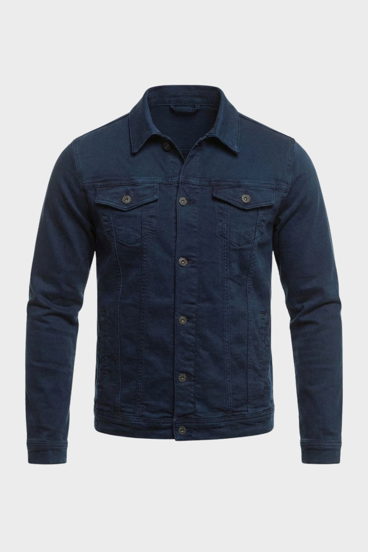 Navy blue denim jacket in the classic trucker shape