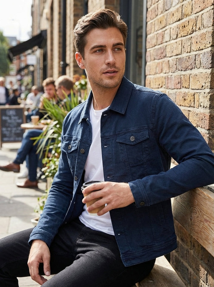 Man seated outdoors in the navy blue jacket with a coffee cup