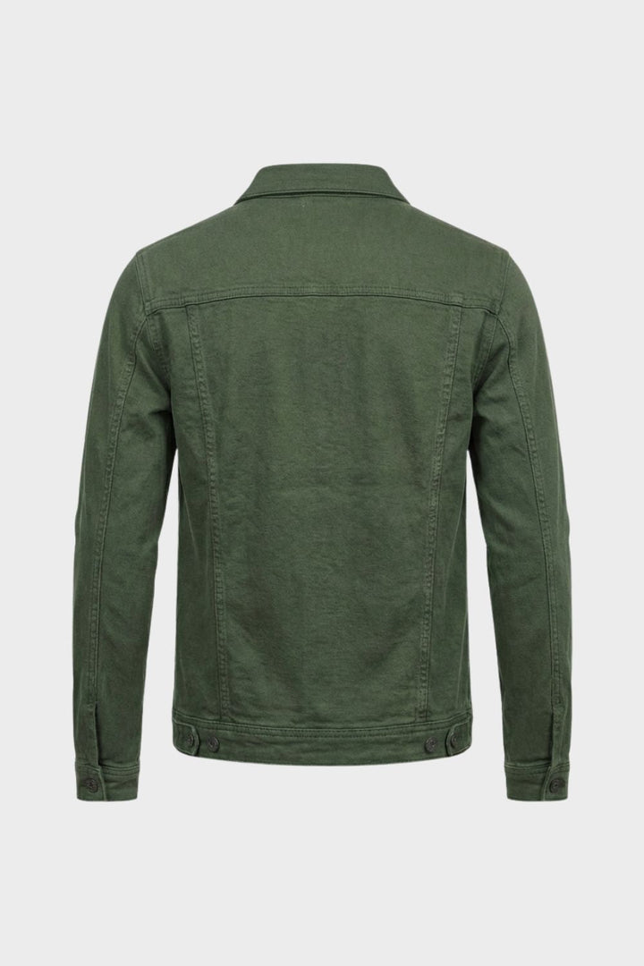 Back view of the olive green trucker jacket with yoke seam