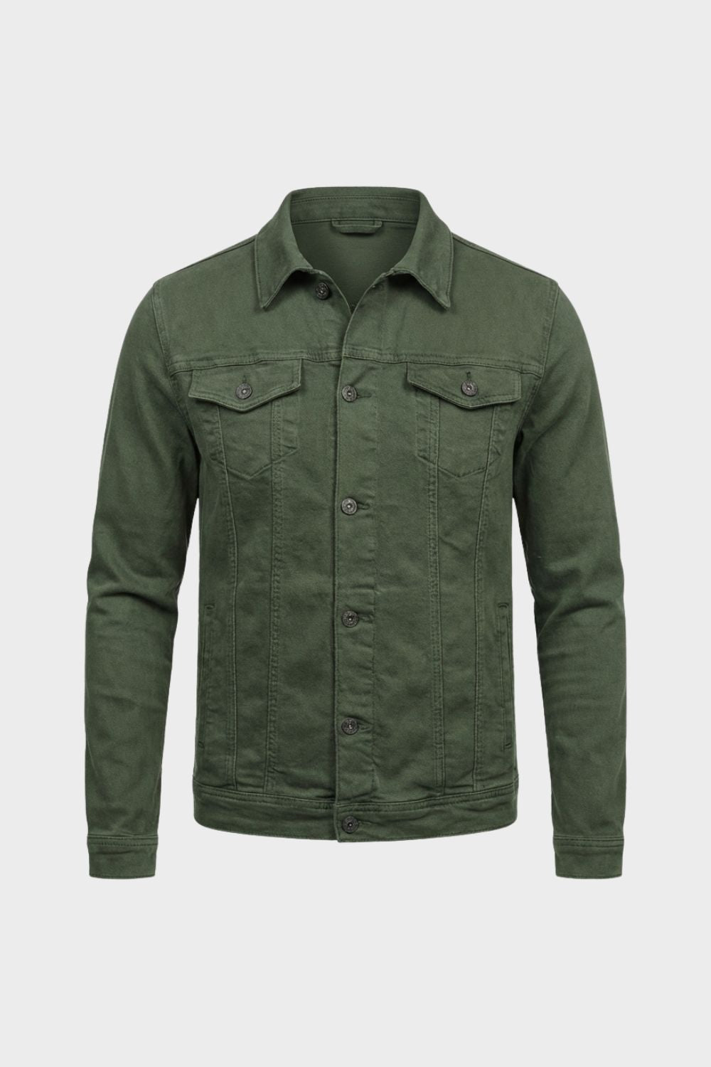 Men's denim jacket in olive green, trucker style button front with chest pockets