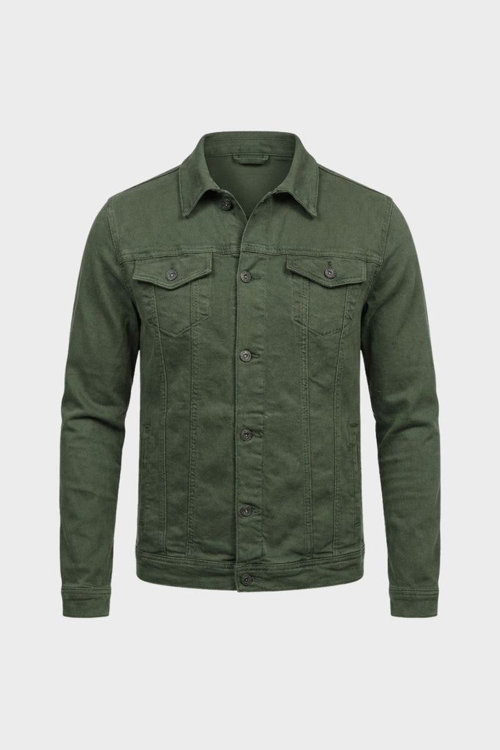 Men's denim jacket in olive green, trucker style button front with chest pockets