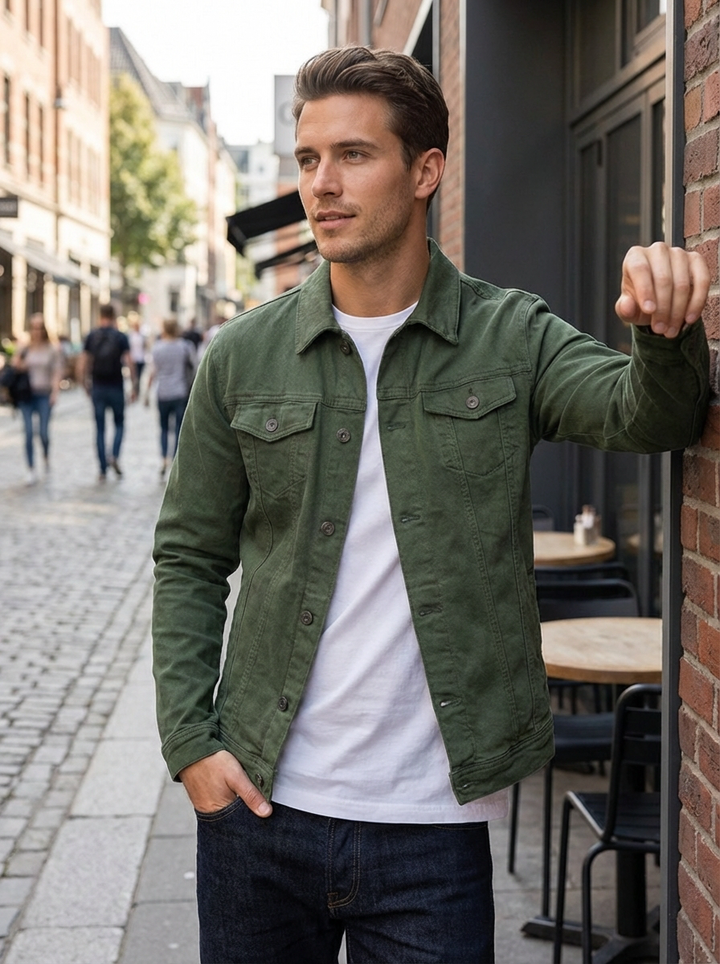 Man in the olive green jacket over a white tee on a cobbled street