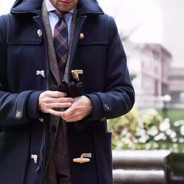 Close up of the navy toggles, rope loops and front pocket
