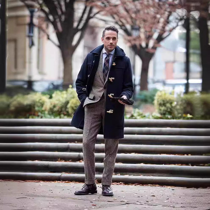 Men's duffle coat in navy, classic toggle front smart winter coat