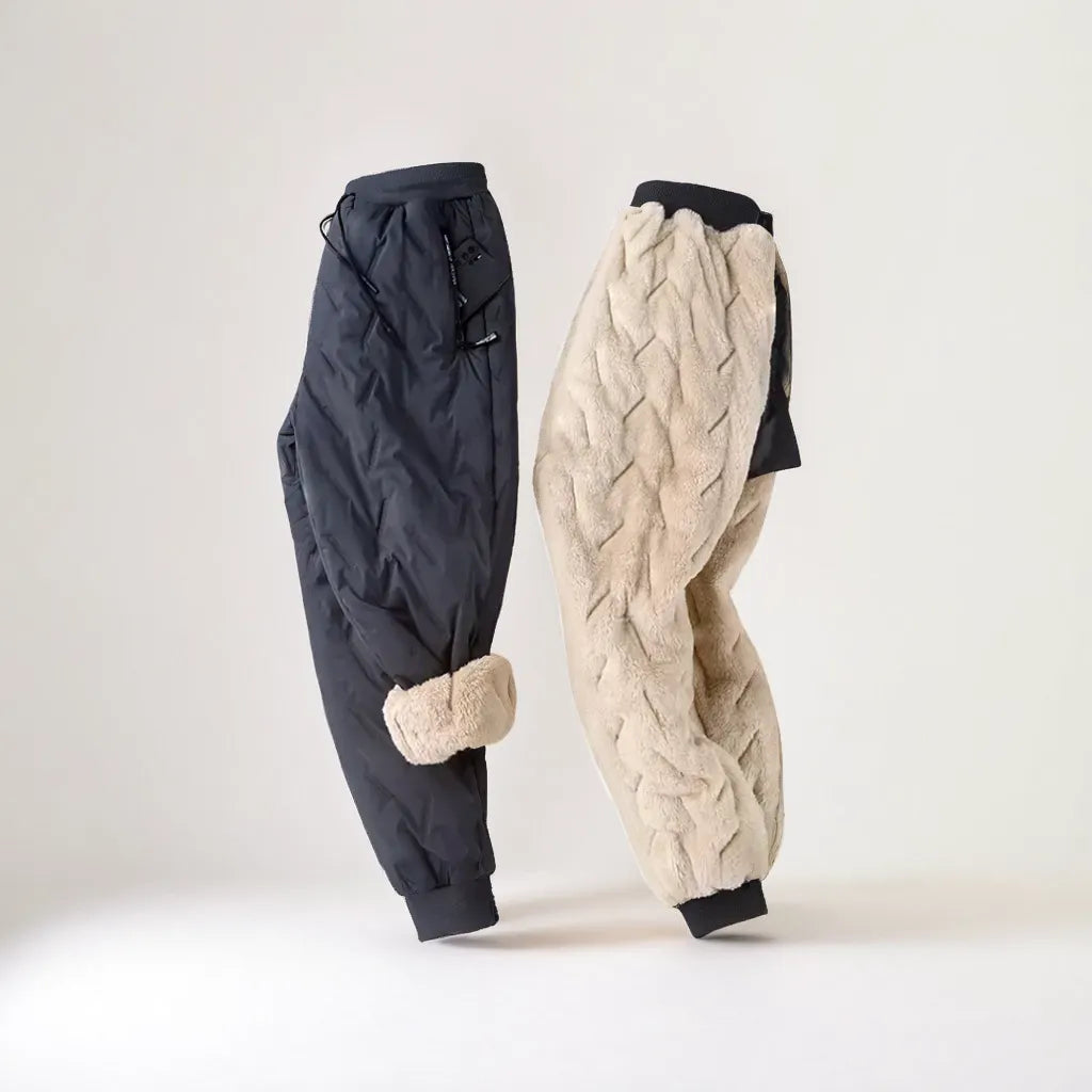 Men's fleece lined trousers in black, winter joggers with drawstring waist